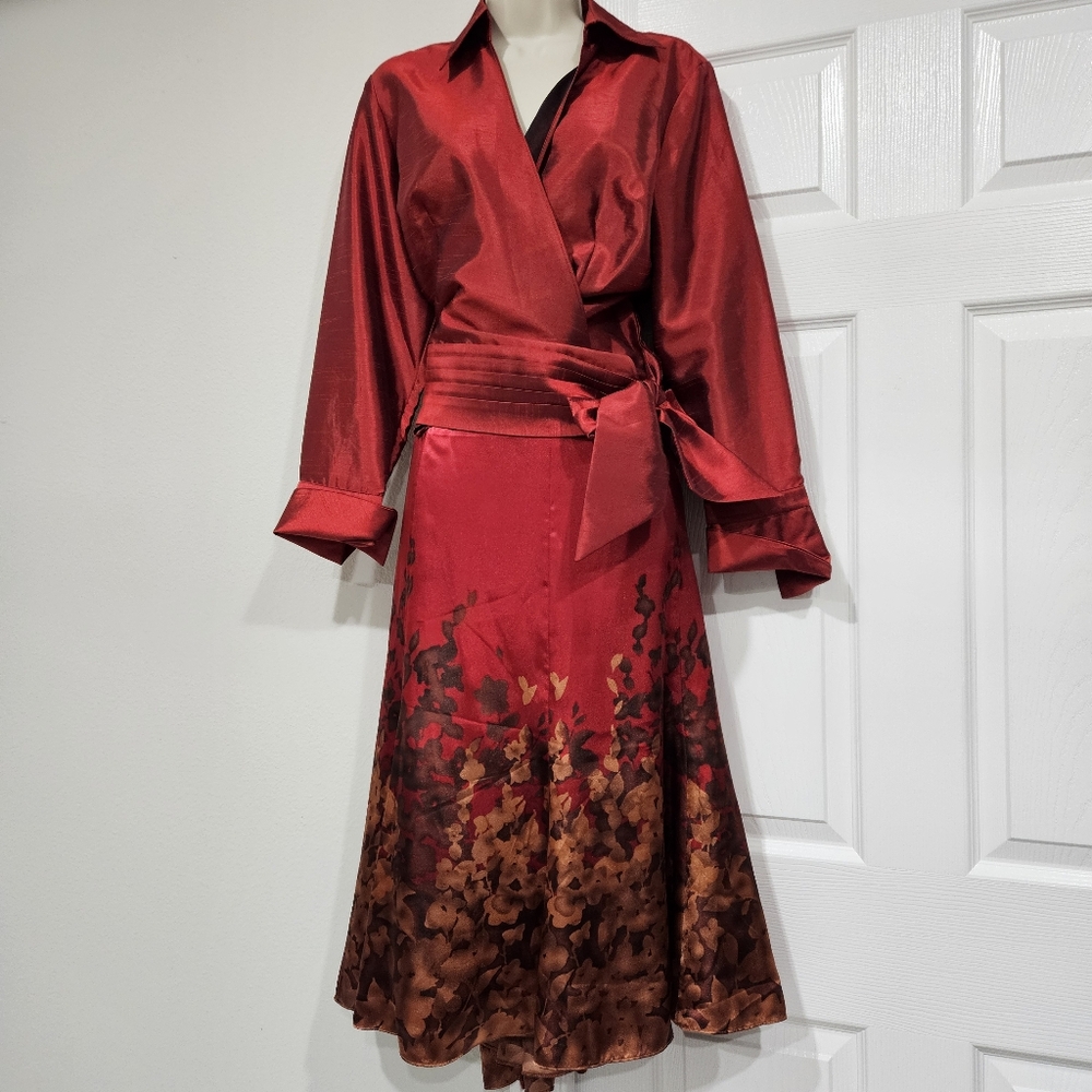 Coldwater Creek Red Wrap 2 Pieces  Dress with Floral Design